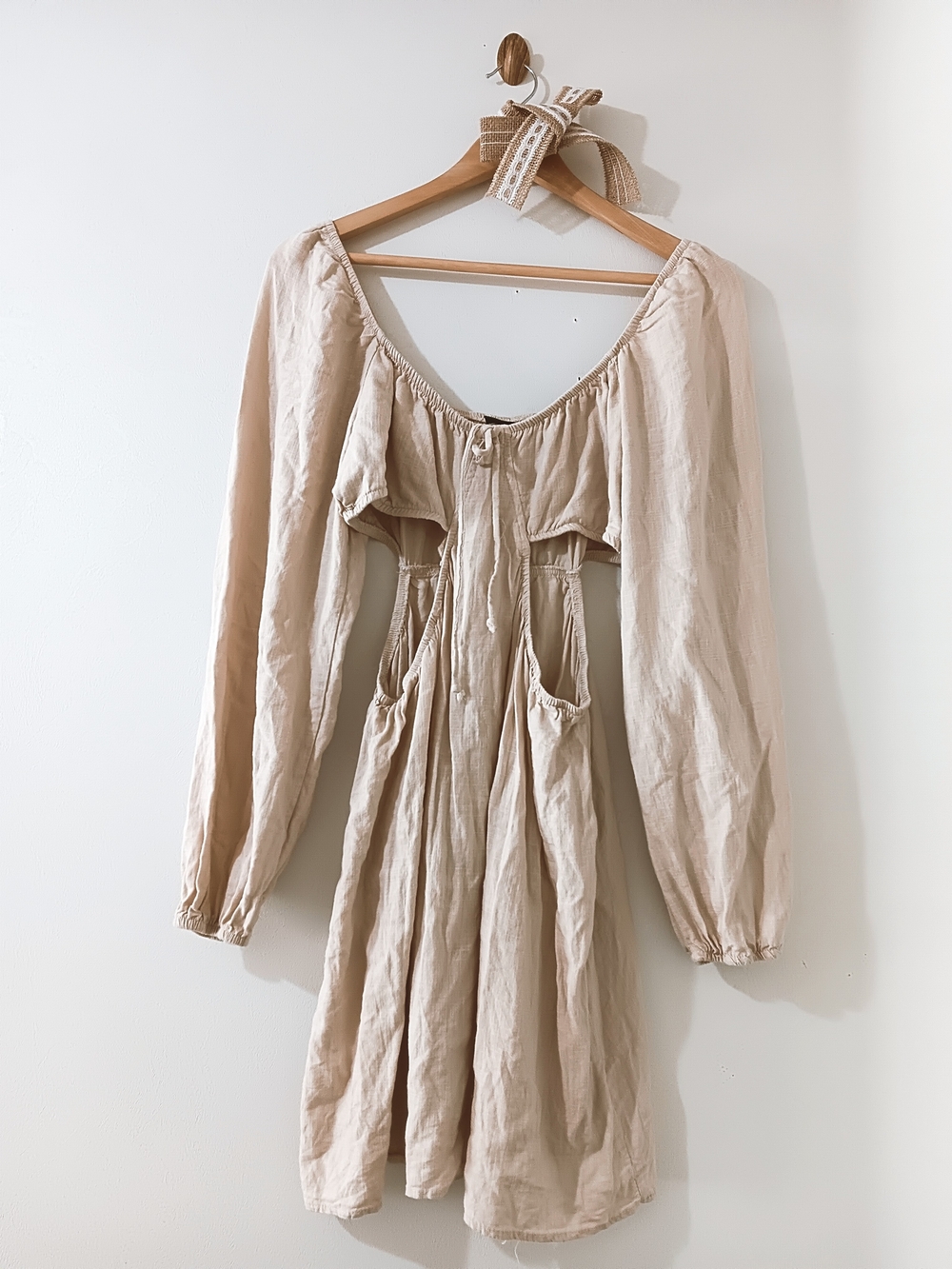 Wild Fable Beige Sand Cutout Linen Blend Long Balloon Sleeve Peasant Mini Dress